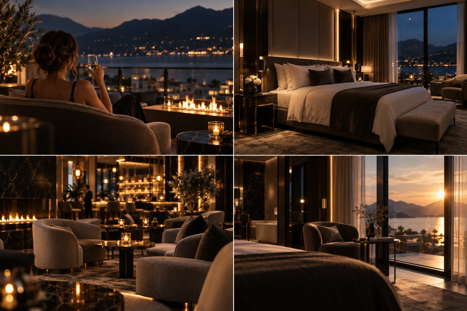 Gedämpft beleuchteter Lounge-Bereich mit Blick in die Abendstimmung